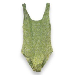 Aila Blue Neon Green Smocked Floral Resortwear Scoop Back One Piece Swimsuit XS